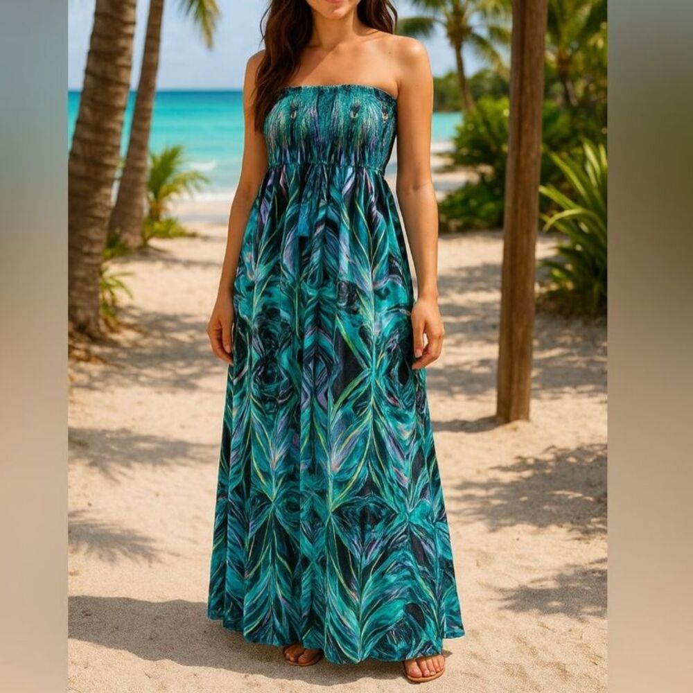 Trendology Medium Strapless Maxi Dress Teal Peacock Print Smocked Boho